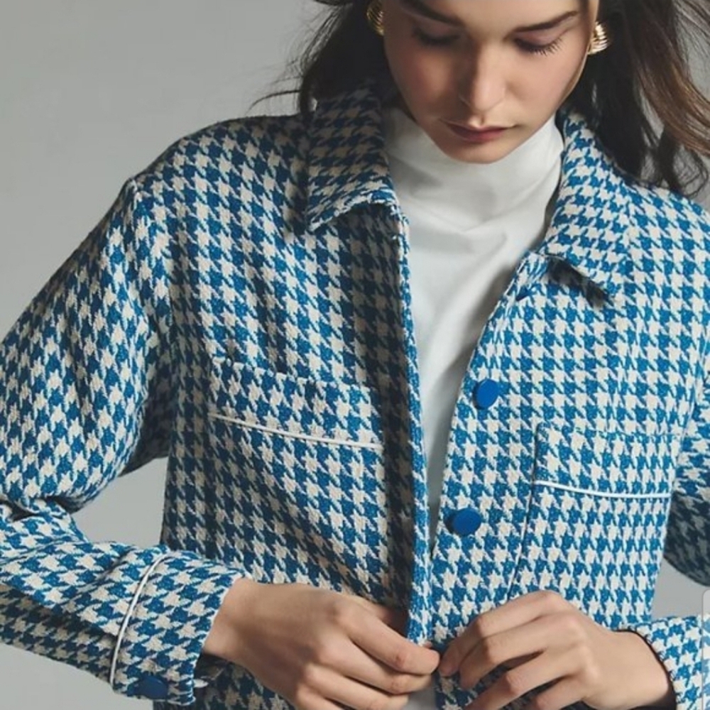 Anthropologie DOLAN Houndstooth Jacket XS Blue White Tweed Feel Cropped